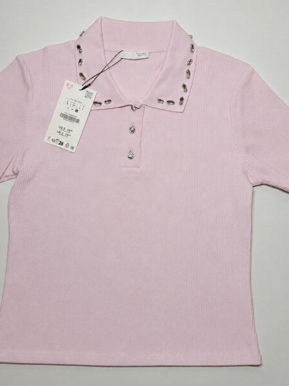 ZARA Ribbed Cotton Stretch Polo Top Crystal Embellished Collar Light Pink NWT L